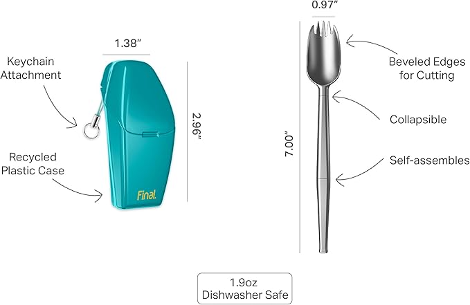 FinalSpork Collapsible, Reusable Metal Spork with Travel Case | Pocket-Sized | Stainless Steel & Platinum Grade Silicone | Eco-Friendly | Assorted Colors
