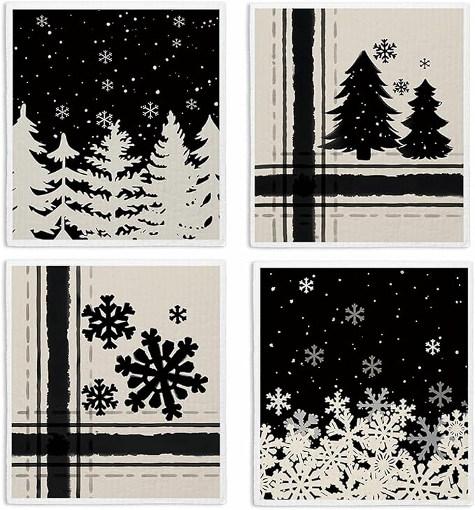 Christmas Swedish Dishcloths for Kitchen, Winter Xmas Tree Snowflake Kitchen Dish Towels for Washing Dishes, 4 Pack Reusable Paper Towels, Sponge Cloths for Home Party Housewarming Cleaning