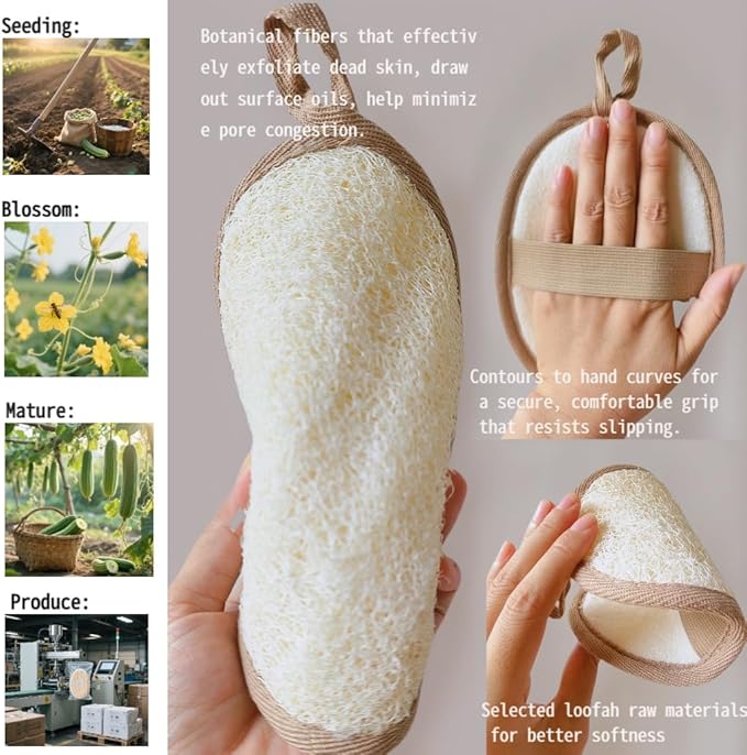 Natural Loofah Bath Sponge Set of 2 ，Exfoliating Body Scrubber，Large Size 7.1"x5.1" Oval Dual-Color (White & Brown) ，Men's and Women's Styles, Spa-Grade Couple Gift，Eco-Friendly Shower Gift