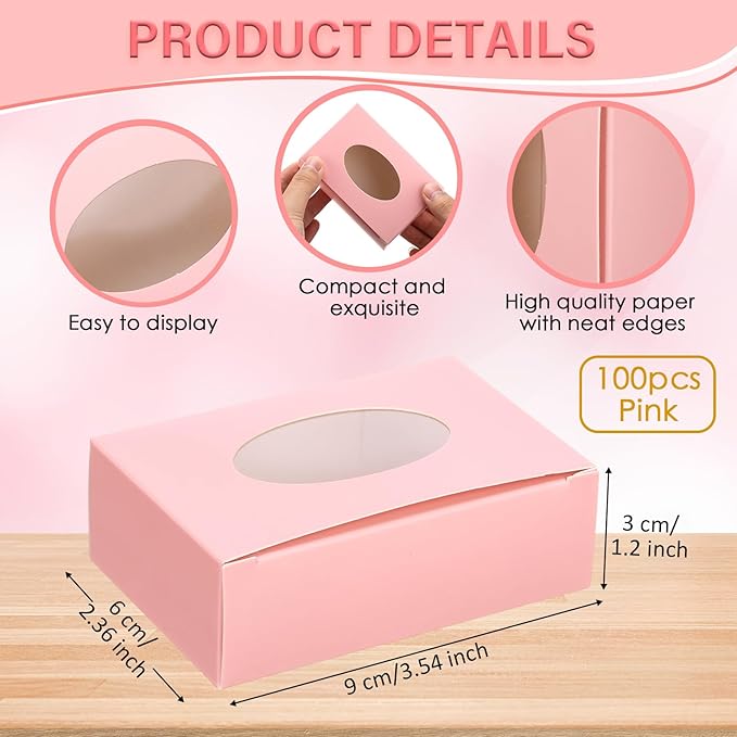 TaoBary 100 Pcs Soap Boxes for Homemade, 3 x 3 x 1.2 Inch Small Paper Gift Packaging Boxes with Window, Gift Wrappers for Soap Packaging Making Party Favor(Oval, Pink)