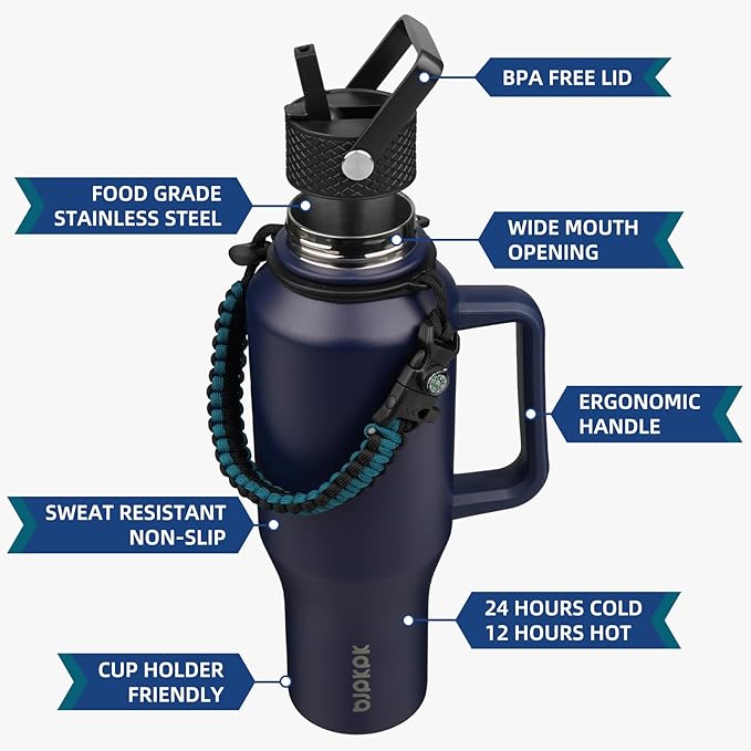 BJPKPK Insulated Water Bottles with Straw Lid, 40oz Metal Water Bottle with 2 lids & Paracord Strap, Double Wall Stainless Steel Tumbler with Handle, Reusable Cups, Mugs, Thermo, Navy Blue