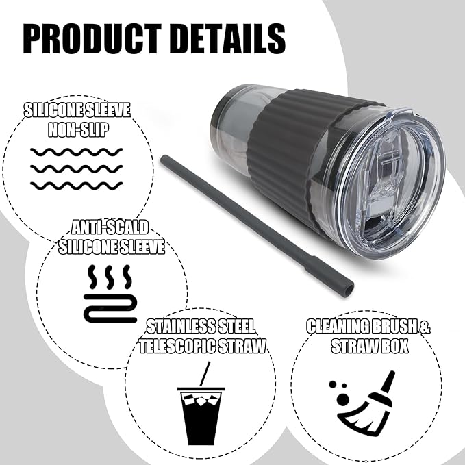 Black Glass Cups with Lid and Straw, 16 oz Glass Coffee Cup, Reusable with Temperature Sensitive Silicone Sleeve and Silicone Straw,Travel Iced Coffee Cup for Juice andMilk Tea (single pack)