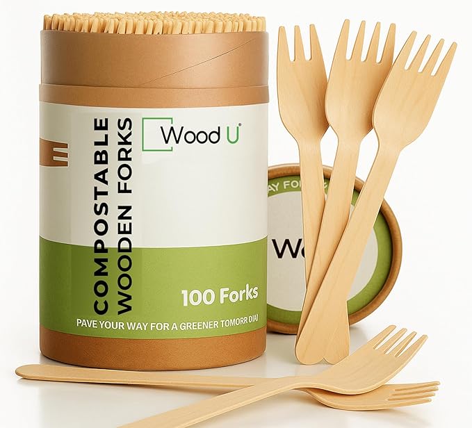 Disposable Wooden Forks by WoodU | 100% All-Natural, Eco-Friendly, Biodegradable, and Compostable - Pack of 100-6.5" forks cutlery utensils
