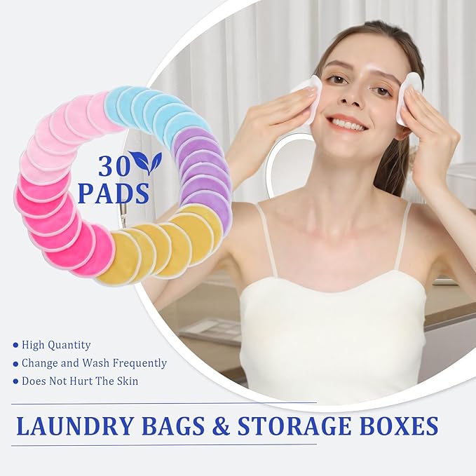 Bamboo Fiber Makeup Remover Pads,Gentle for Sensitive Skin,30 Pack,Reusable,Eco-Friendly,Zero Waste, Quick Makeup Removal, Travel Essential