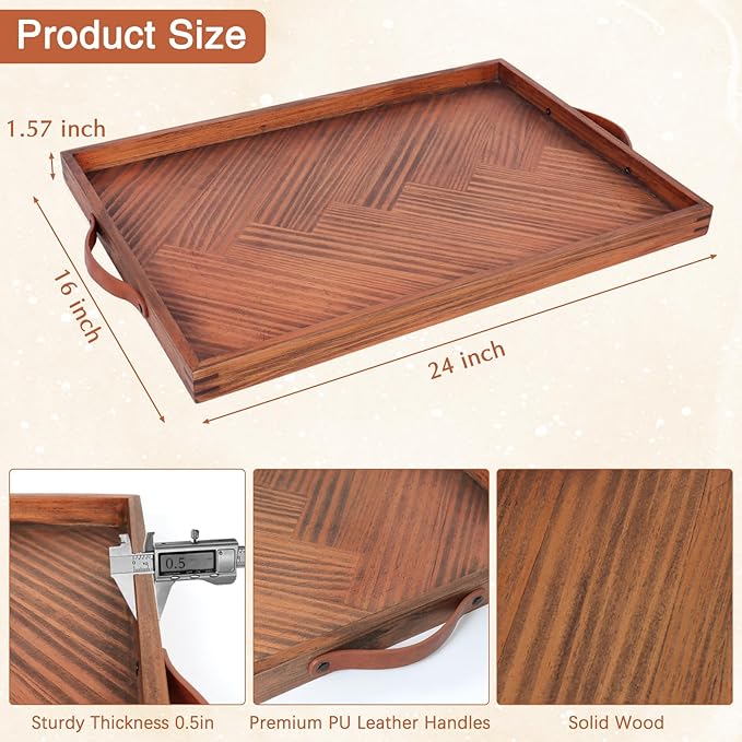 Large Ottoman Wooden Trays, Wood Serving Tray with Handles, Large Ottoman Tray, Wooden Serving Trays for Coffee Tables, Living Rooms and Kitchens, 24 x 16 inch