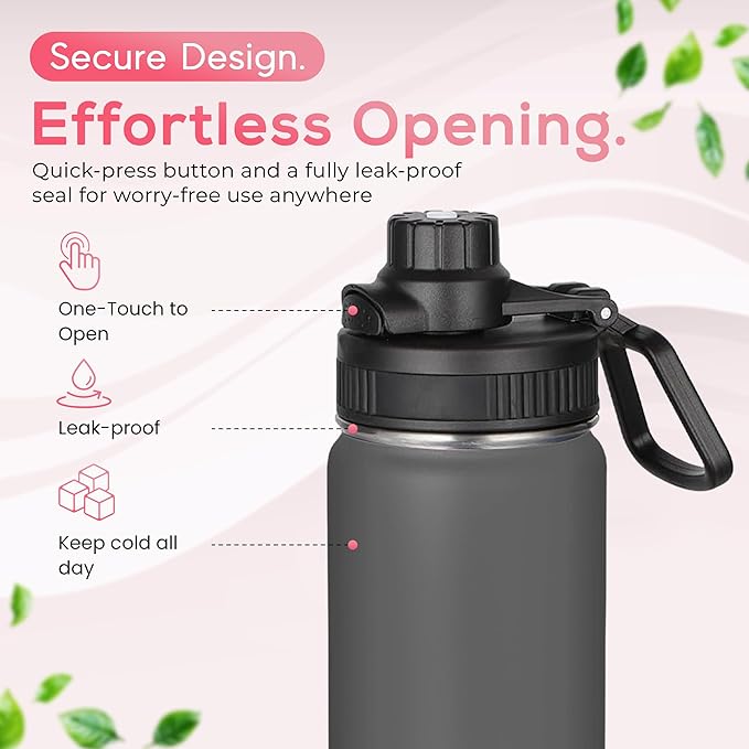 Y TOP 24oz Insulated Water Bottle Cup Holder Friendly, Leak Proof Spout Lid, Double Wall Insulation, Dishwasher Safe, Easy Clean Stainless Steel Water Bottle for Gym Kids Sports Travel School Hiking