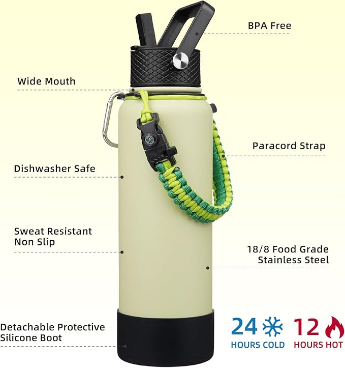 BJPKPK Insulated Water Bottle with Straw Lid, 40oz Large Thermal Flasks with 3 Lids, Paracord Handle & Non-slip Boot, BPA Free Leak Proof Stainless Steel Metal Water Bottles, Tumblers, Macaron Green