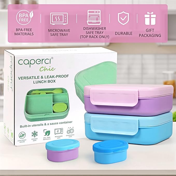 Caperci Bento Box for Kids - Stackable Leakproof Multiple Compartments Lunch Containers for Kids with Sauce Container, 5.8 Cups, Idea for School, On-the-go, Built-in Utensil Set, BPA Free (Purple)