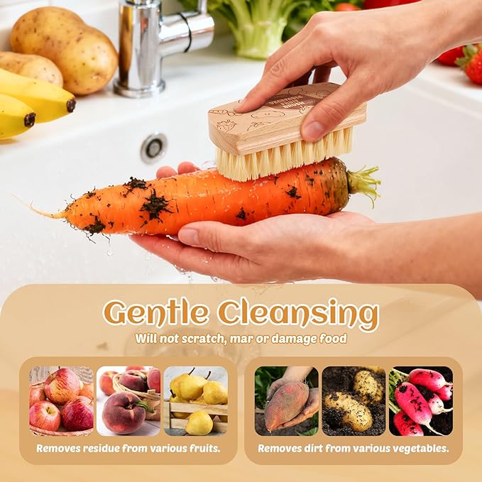 Vegetable and Fruit Cleaning Brush Scrubber Beechwood Handle Fruits Veggie Wash Brushes Potato Carrot Cucumber Mushrooms Washing Cleaner(Beige, 1)