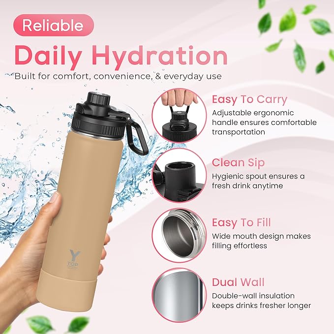 Y TOP 24oz Insulated Water Bottle Cup Holder Friendly, Leak Proof Spout Lid, Double Wall Insulation, Dishwasher Safe, Easy Clean Stainless Steel Water Bottle for Gym Kids Sports Travel School Hiking