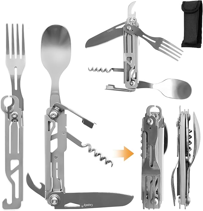 6-in-1 Detachable Camping Utensils Flatware Set, Folding Spoon Fork Knife Can Opener Combo, Stainless Steel Travel Utensil Set, Portable Cutlery Set for Travel Camping Hiking Picnic