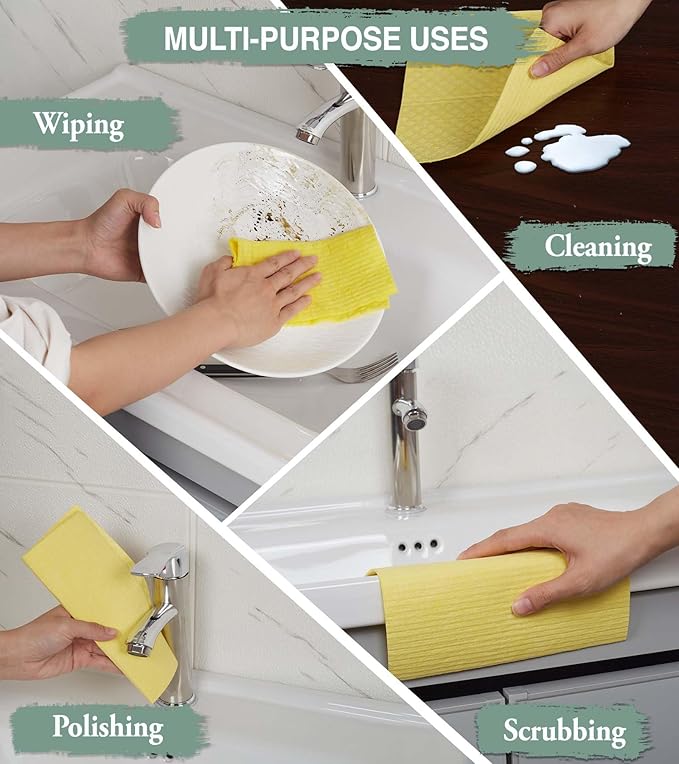 10 PCS Swedish Dishcloths for Kitchen 100% Biodegradable | Reusable Cellulose Sponge Cloths | Ultra Absorbent, Eco-Friendly Cleaning Towels | Dishcloths for Washing Dishes & General Cleaning