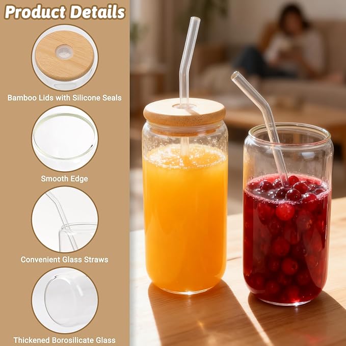 Glass Cups with Lids and Straws 16 oz, 8-Pack Borosilicate Glass Tumbler with Bamboo Lids & Glass Straws, for Iced Coffee, Bubble Tea, Beer, Reusable Drinking Glasses Set Include Cleaning Brush