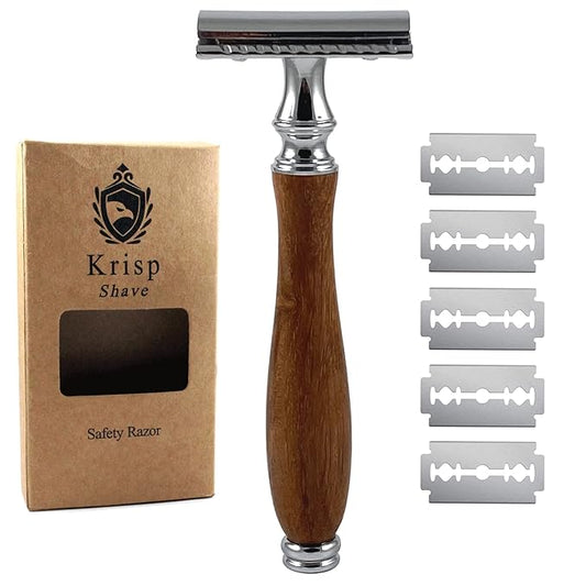 (4.5 Inch) Long Wood Handle Safety Razor for Men Women - Double Edge Manual Razor - Fits All Double Edge Razor Blade - Comes With 5 Shaving Blades, Brown