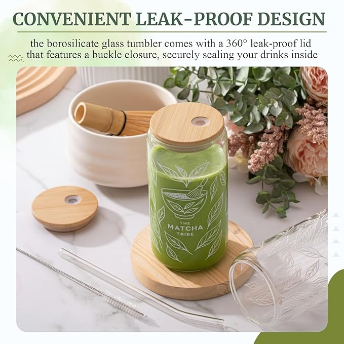 2 Set 16oz Matcha Glass Cups with Bamboo Lid and Straw 2 Brush Reusable Sealed Thick Leakproof Iced Coffee Cup Borosilicate Glass Tumble Gift for Matcha Lovers, Latte, Juice, Smoothie
