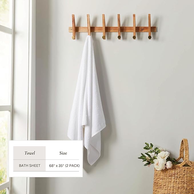 Great Bay Home White Bath Sheets - 100% Cotton Oversized 2 Pack 68x35 Extra Large Towel Set - Absorbent, Quick-Drying, Durable Oversized Bath Towel for Bathroom Décor