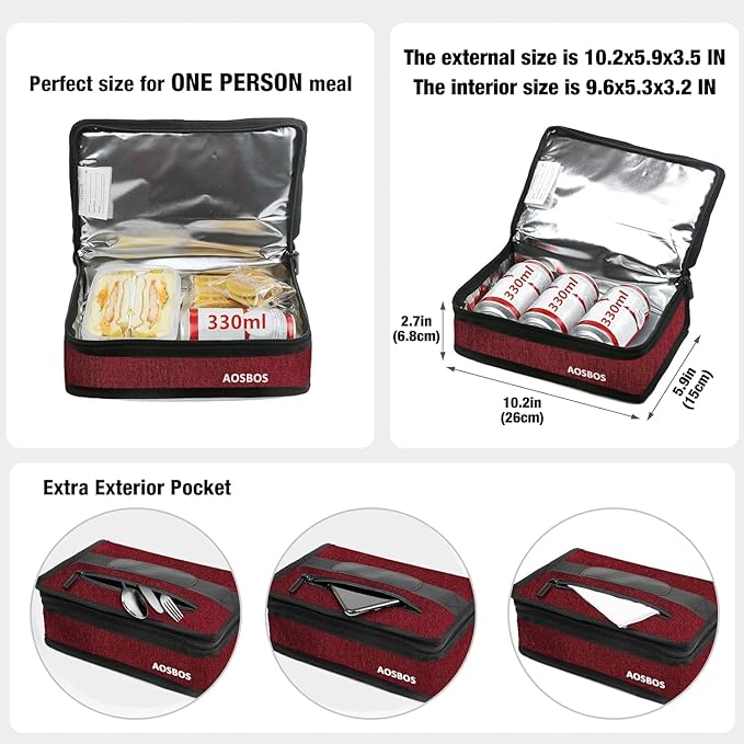 Aosbos Small Insulated Lunch Bag for Women - Compact Lunch Box for Portion Control, Work & Office, Wine Red