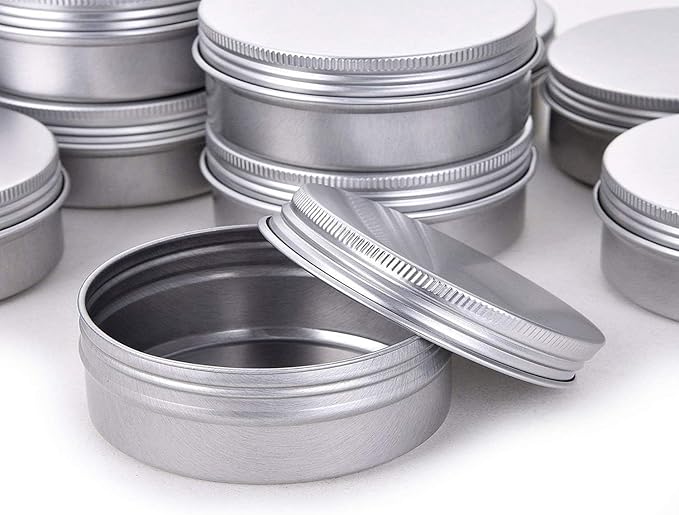 Silver 2 Ounce Aluminum Tin Jar Refillable Containers 60ml Aluminum Screw Lid Round Tin Container Bottle for Cosmetic,Lip Balm, Cream, 30 Pcs