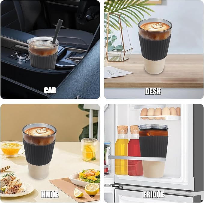 Black Glass Cups with Lid and Straw, 16 oz Glass Coffee Cup, Reusable with Temperature Sensitive Silicone Sleeve and Silicone Straw,Travel Iced Coffee Cup for Juice andMilk Tea (single pack)