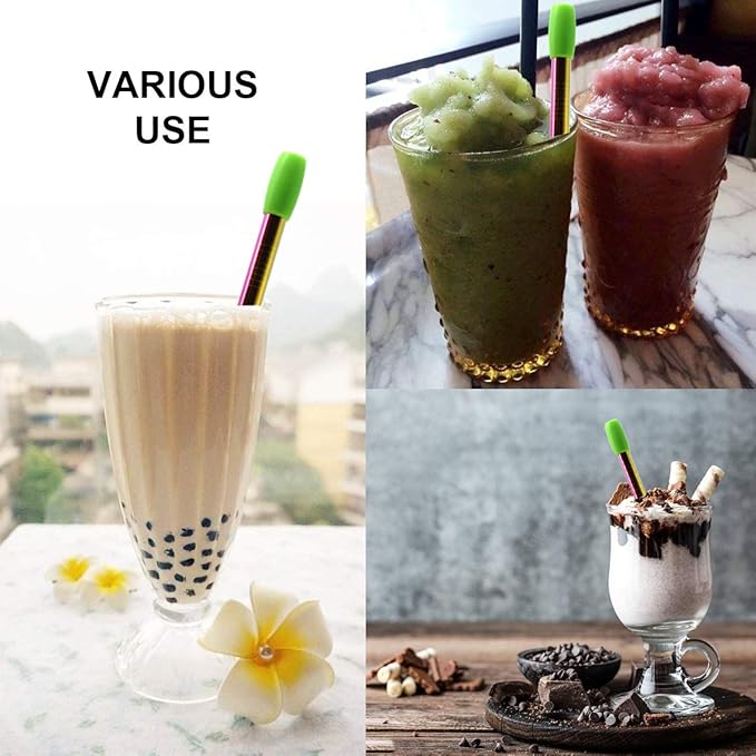 Reusable Boba Straws Smoothie Straws Metal Stainless Steel Straws Angled Tips Fat 0.5" Wide for Jumbo Bubble Tea Milkshakes Milk Tea Tapioca Pearl With Silicone Tips Carry Bag Cleaning Brush 2 Pcs 10"