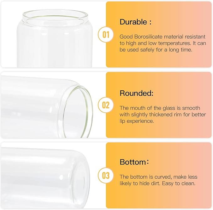 AGH 16OZ Sublimation Glass Cups with Bamboo Lids and Straws,12 Pack Drinking Glasses with lids,Clear Can Shape Beer Cup for Iced Coffee, Whiskey, Soda, Milk Juice