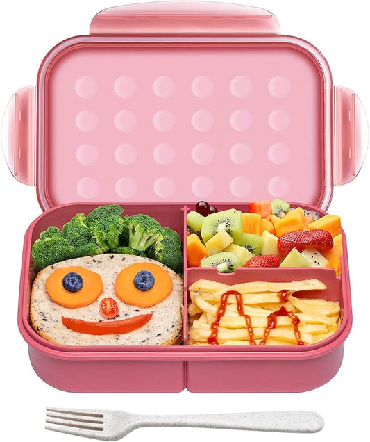 Wheat Straw Lunch Box - Leakproof Bento Box for Kids & Adults, BPA-Free 3-Compartment Food Containers, Microwave & Dishwasher Safe (Muted Red, 5.5 Cup)