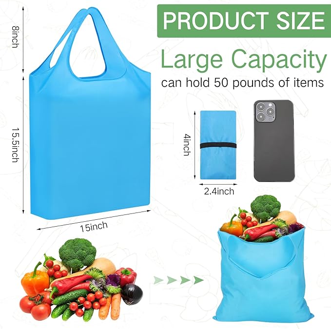 100 Pack Reusable Grocery Bags Bulk Polyester Shopping Bags Foldable Shopping Tote Pouch for Grocery 50 Lbs Washable(Blue)
