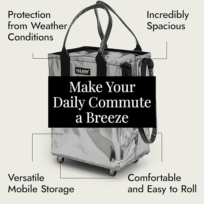 HULKEN (Medium, Silver) Reusable Grocery Bag On Wheels, Shopping Trolley, Rolling Tote, Zipper Closure, Lightweight, Carries Up to 66 lb, Folds Flat, Unbreakable Handles