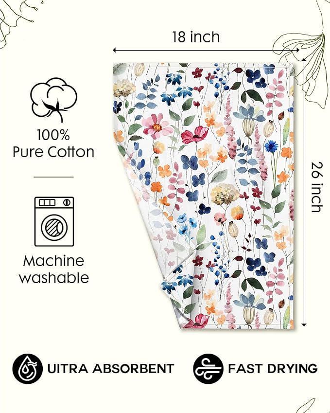 Flour Sack Kitchen Towels Set of 2-18x26 Cotton Dish Towels with Hanging Loop Reusable Tea Towel for Cleaning Spring Absorbent Dishcloths Cute Home Decor Housewarming, Watercolor Flower
