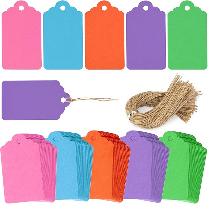 SallyFashion 120PCS Gift Tags with String Attached, 1.6 x 2.8 inch Colored Paper Hang Tags for Clothes DIY Crafts Wedding Holiday