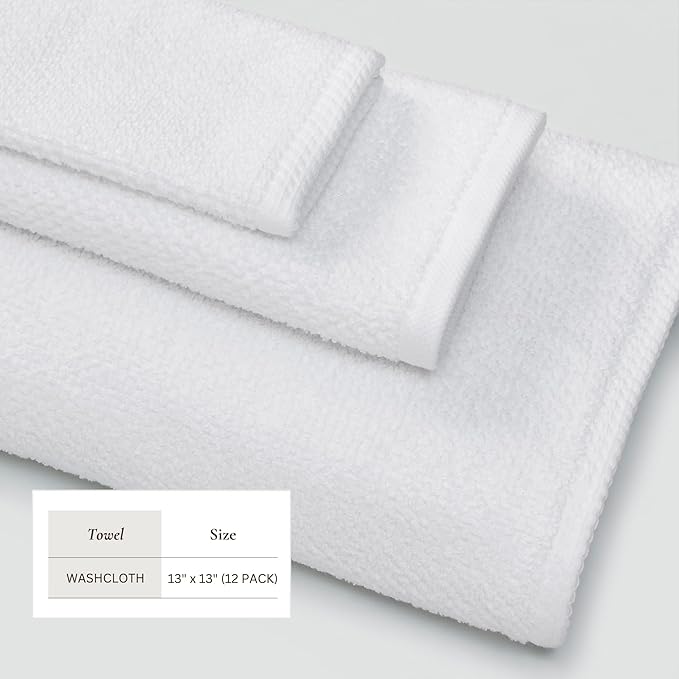 Great Bay Home White Washcloth Set – 100% Cotton 12-Pack 13"x13", Absorbent & Quick-Drying, Soft & Durable
