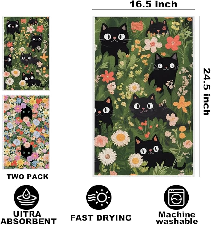 Jztco 2Pcs Cute Cat Kitchen Towels 24x14 Inch, Colorful Floral Waffle Weave Hand Towels for Kitchen Home Decor, Absorbent Microfiber Dish Cloth Tea Towel, Cat Lover Gifts for Women Mom Grandma