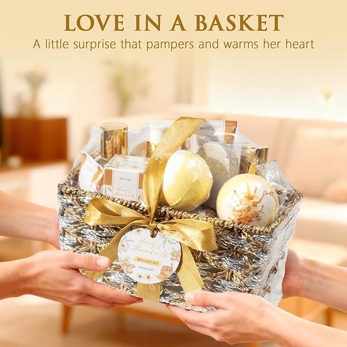 Christmas Birthday Gifts for Women, Honey & Almond Milk Relaxing Spa Gift Baskets for Women Self Care Package Bath Gift Set, Home Bath and Body Kit Pamper Gifts for Womens Mom Her Friends Sister Wife