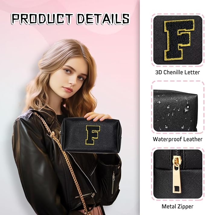 TOPEAST Preppy Makeup Bag, Small Cosmetic Travel Bags for Women, PU Leather Waterproof Toiletry Bag with Zipper, Personalized Birthday Gift for Women Girl, Preppy Gifts for Girl (Black Y)