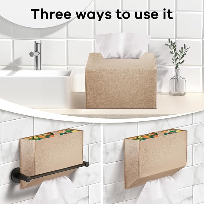 Tissue Box Cover Holder Compatible with Kleenex Disposable Paper Hand Towels, Leather Paper Towel Dispenser for Tabletop, Bathroom, Car, Office (Beige-1 Pack)