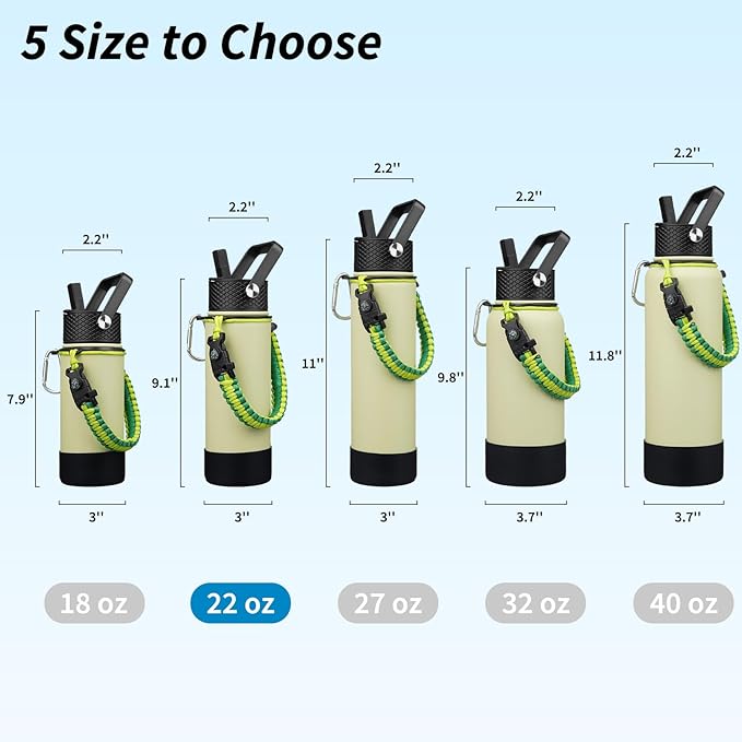 BJPKPK Insulated Water Bottle with Straw Lid, 22oz Thermal Flasks Water Bottles with 3 Lids, Paracord Handle & Non-slip Boot, BPA Free Leak Proof Stainless Steel Tumblers,Macaron Green