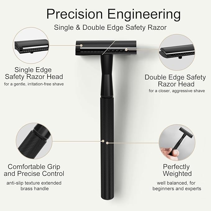 Safety Razor with Stand, Single Blade Razors for Men and Women, Reusable Metal Razor, with 10 Double Edge Blades, Smooth Close Shave, Plastic Free, Matte Black