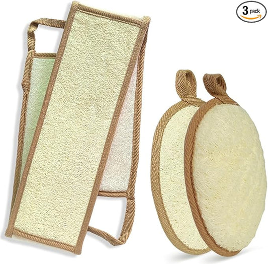 Natural Loofah Sponge - Exfoliating Body Scrub, Real Bath Scrubber with Loofah Fiber for Men and Women, Shower Luffa Pad (Brown Variety-3 Pack)