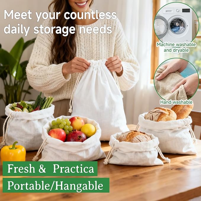 Simple&Opulence 12-Pack 10” x 12” Linen Cotton Drawstring Bags Reusable Grocery Sacks, DIY Craft Sachet Sacks Storage Cloth Bags for Party Wedding Home Bulk Produce Bags, Washable, White
