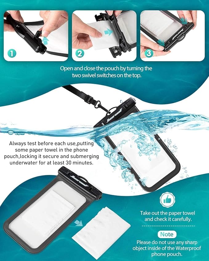 Hiearcool Waterproof Phone Pouch, Waterproof Beach Bag Compatible for iPhone 17 16 15 14 13 Pro Max, IPX8 Cellphone Travel Essentials for Beach -Black & Sky Blue-2Pack
