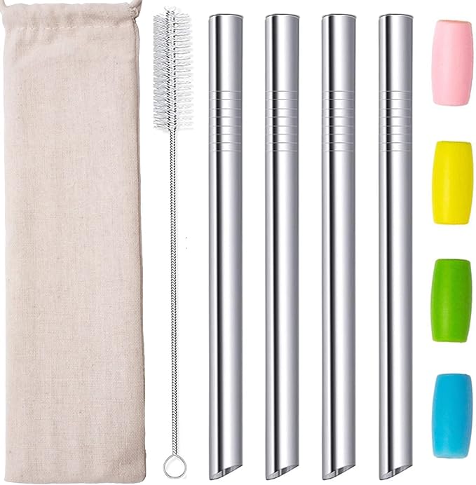 Boba Straws, Reusable Straw Metal Smoothies Jumbo Bubble Tea Tapioca Pearls Milkshake Straws, Pointed Stainless Steel Drinking Straws with Silicone Tips Carry Bag Brush 12mm 0.5" Wide, Silver 4 Pack