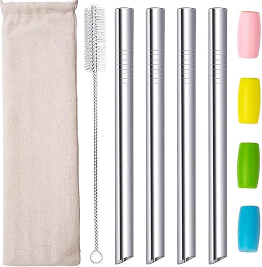 Boba Straws, Reusable Straw Metal Smoothies Jumbo Bubble Tea Tapioca Pearls Milkshake Straws, Pointed Stainless Steel Drinking Straws with Silicone Tips Carry Bag Brush 12mm 0.5" Wide, Silver 4 Pack
