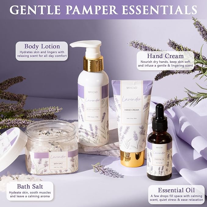 Christmas Birthday Gifts for Women, Lavender Relaxing Spa Gift Baskets for Women Self Care Package Bath Gift Set, Home Bath and Body Kit Pamper Gifts for Womens Mom Her Friends Sister Wife Girlfriend