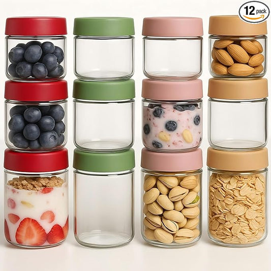 12 Pack 4oz 10oz 16oz Glass Jars with Lids, Overnight Oats Containers, Airtight Yogurt Storage Containers, Wide Mouth Mason Jars, Salad, Snacks, Spices, Meal Prep - Reusable