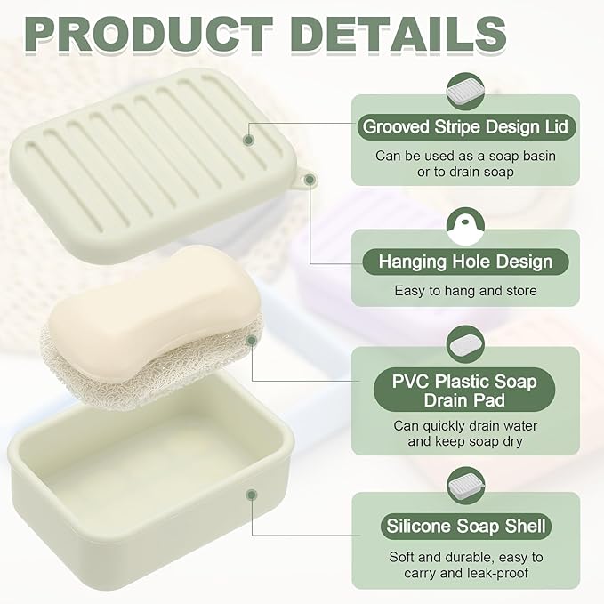 uxcell Shampoo Bar Travel Case, Silicone Leak Proof Soap Bar Case with Draining Layer Soap Container for Traveling, Bathroom, Gym, Camping(4"x2.76"x1.3", Beige White)