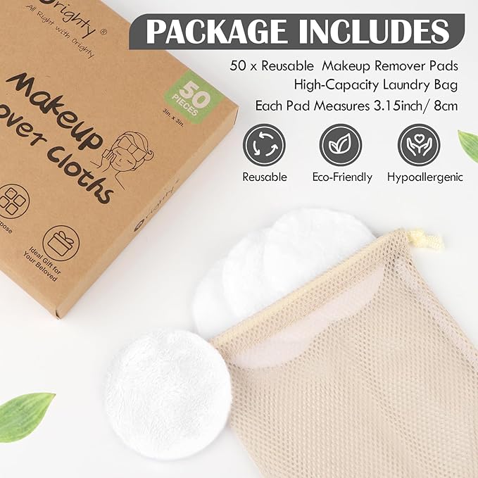 Orighty Reusable Microfiber Makeup Remover Pads 50 Count, Eco-Friendly Facial Cleansing Cloths, Round Shape, Super Soft, Ideal Gift with Laundry Bag (White)