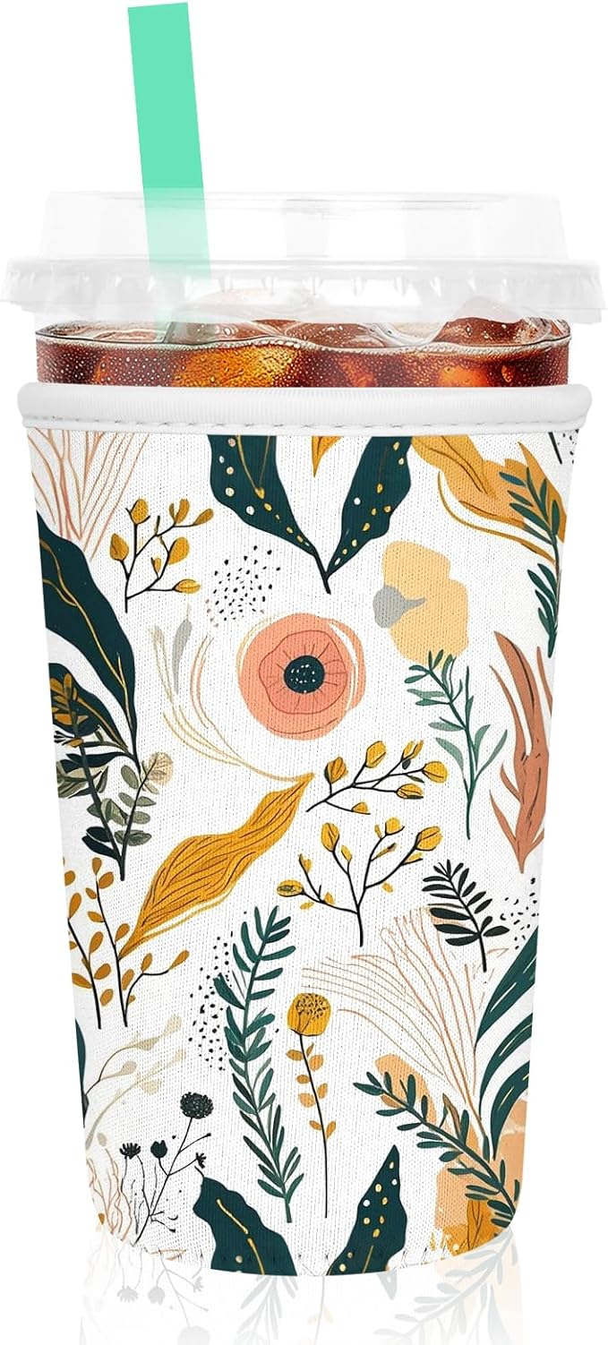Iced Coffee Sleeve, Reusable Insulated Neoprene Cup Sleeve for Cold & Hot Drinks Beverages, Cup Holder for 32oz Coffee Cups, Beautiful Flowers