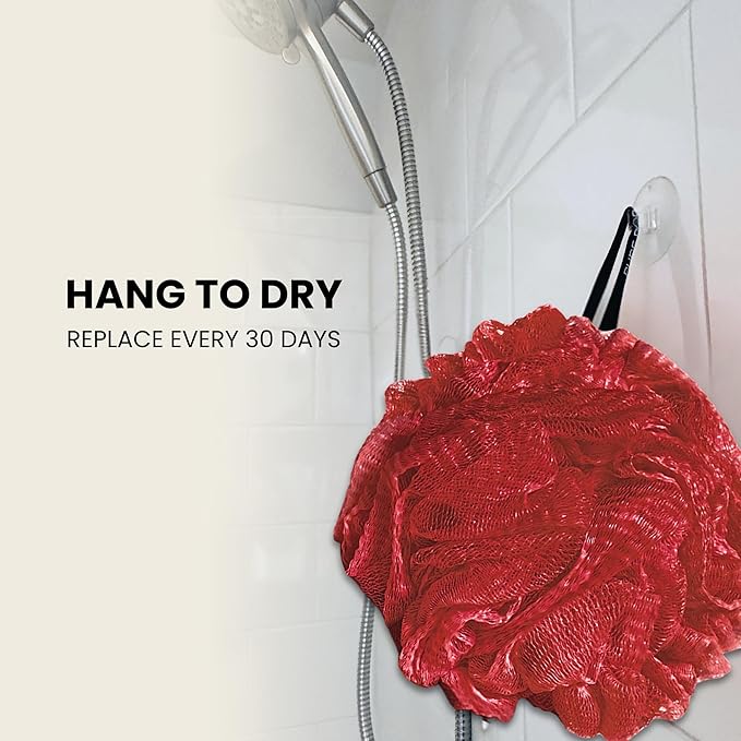 Large Bath Sponge Pack of 3 – Gentle Exfoliation Loofahs with Suction Cup for Easy Drying, Soft 70G Mesh Poufs for All Skin Types, Luxurious Lather for Daily Use (Dark Red)