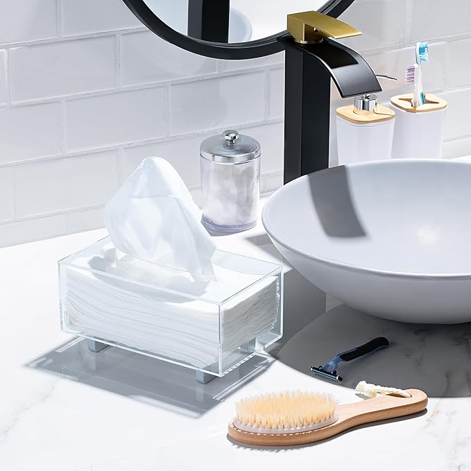 YoBa Thick Acrylic Tissue Box Holder Rectangular Tissue Box Dispenser with Silver Plated Aluminum Legs for Bathroom, Kitchen, Bedroom, Office, Hotels and Restaurant (Rectangle, Clear (Silver Legs))