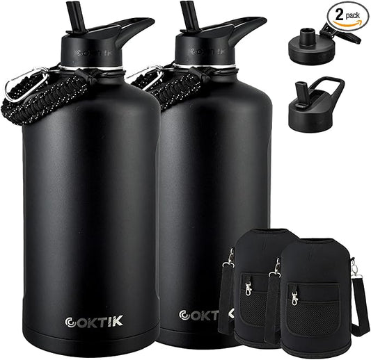 2 Pack 128 oz Insulated Water Bottle, Triple Wall Stainless Steel Flask, Keeps Drinks Cold for 48 Hrs Leak-Proof & BPA-Free Half Gallon Jug with Paracord Handle, Straw & Spout Lids(2 pack,Black)